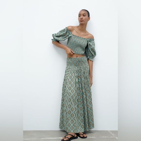 ZARA BOHO SMOCKED LONG PRINTED SKIRT - Picture 10 of 15